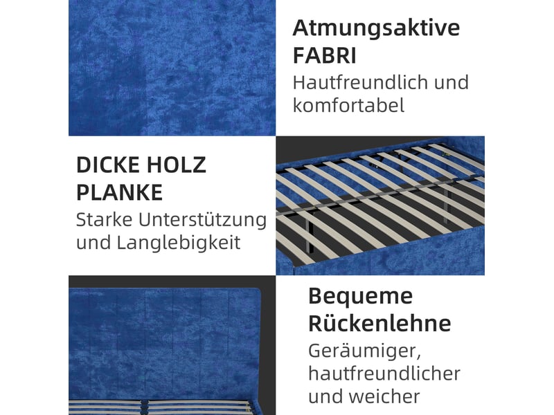  Lit double 140x200 cm avec matelas compatible, tête de lit capitonnée, cadre rembourré, velours bleu marine  - Conforama D
