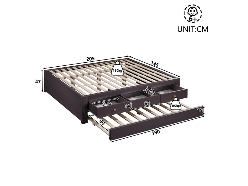 Lit double 140x200 cm avec 3 tiroirs et lit d'appoint coulissant brun café, sans de tête de lit ni de matelas - Conforama C