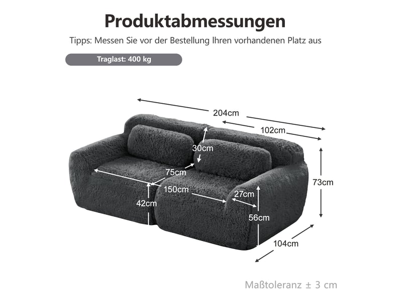  Canapé modulable 2 places gris anthracite, canapé d'angle sans cadre avec rangement intégré, tissu peluche doux pour salon contemporain  - Conforama C
