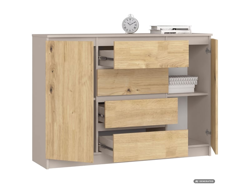 Commode k140 cachemire 138 cm 2 portes 4 tiroirs couleur chêne artisan mat 4 étagères 138x40x99 cm Commode K140 - Conforama B