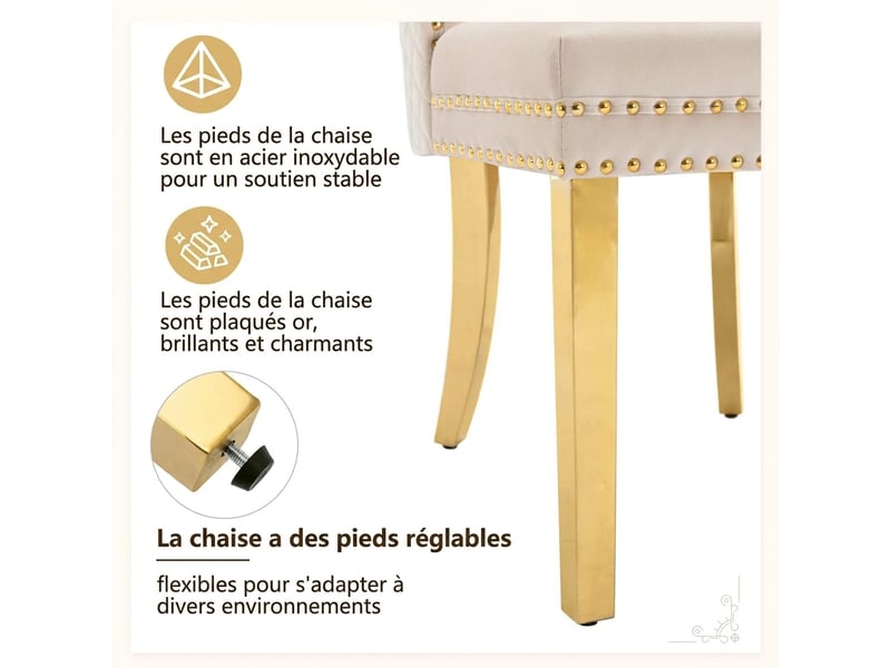 Lot de 6 chaises de salle à manger en velours beige, pieds en acier inoxydable doré, finition avec clous décoratifs et anneau au dos  - Conforama D