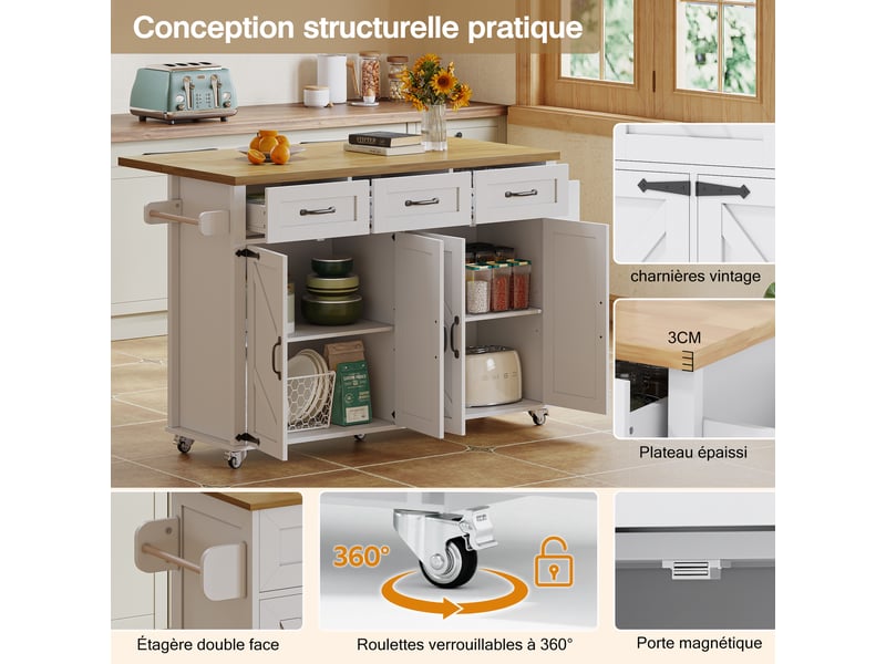 Îlot de cuisine 140x43x90,5 cm, desserte extensible avec tiroirs, portes, étagère et porte-serviettes, mdf, blanc et naturel - Conforama D