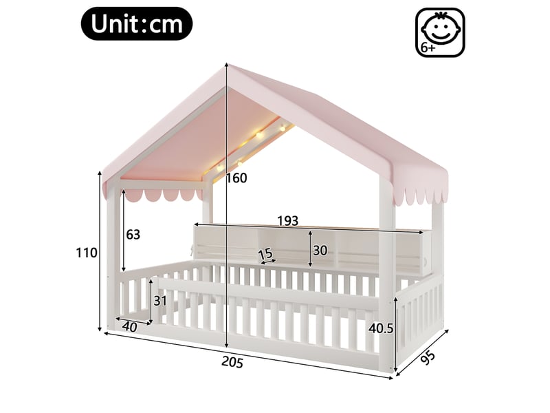 Lit enfant 90 x 200 cm, cadre de lit avec rangement, étagères ouvertes, éclairage led, barrières de sécurité, bois, blanc Morn Vibe - Conforama C