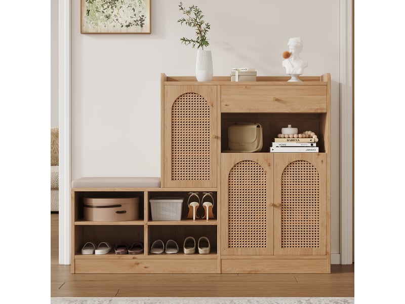  Meuble à chaussures 142x35x110 cm avec banc assis et 3 portes en rotan tressé naturel, rangement avec tiroir intégré  - Conforama W