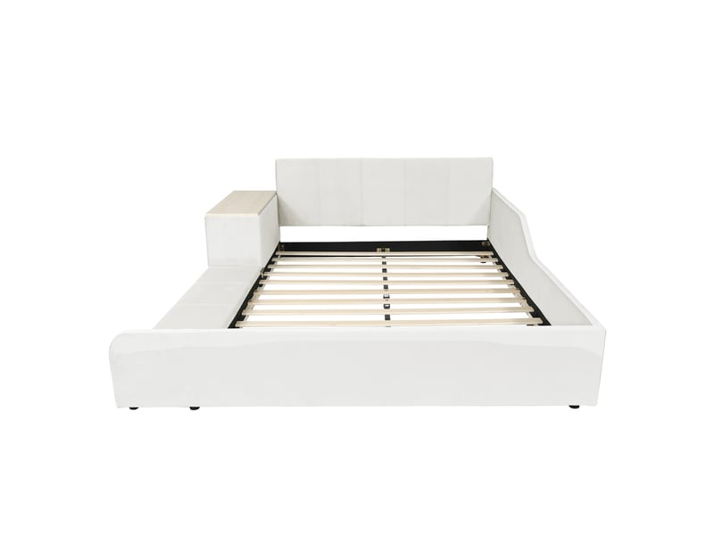  Lit capitonné avec bureau et tabouret pour enfant, étagère de rangement, tête de lit rembourrée, sommier à lattes en bois, velours blanc, 140 x 200 cm  - Conforama D