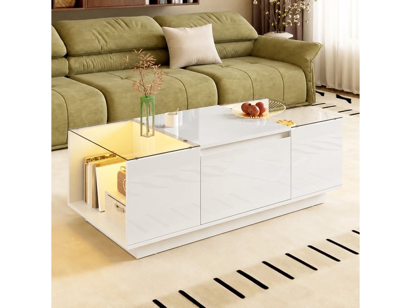  Table basse blanche avec rangement, 2 tiroirs et éclairage led, finition brillante, 105 x 50 x 35 cm  - Conforama D