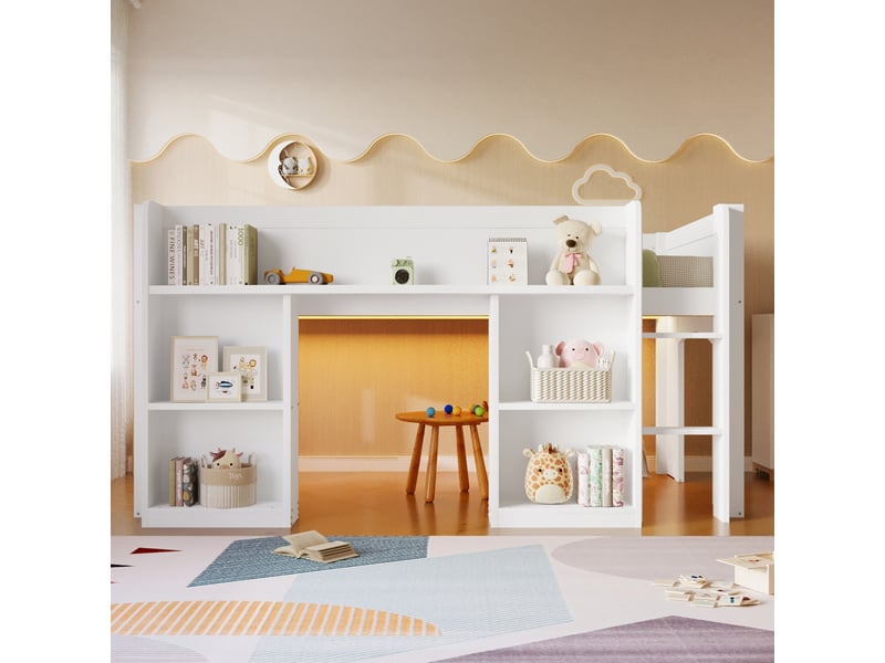 Lit mezzanine 90x200 cm enfant, lit simple avec bibliothèque intégrée, étagères ouvertes, led multicolore, espace de jeu sous le lit, bois mdf, blanc - Conforama B