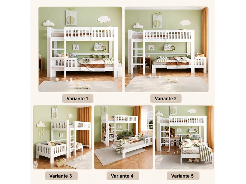  Lit mezzanine enfant 90 x 200 cm – blanc – set modulable 2 places, sécurité renforcée pour chambre enfant  - Conforama E