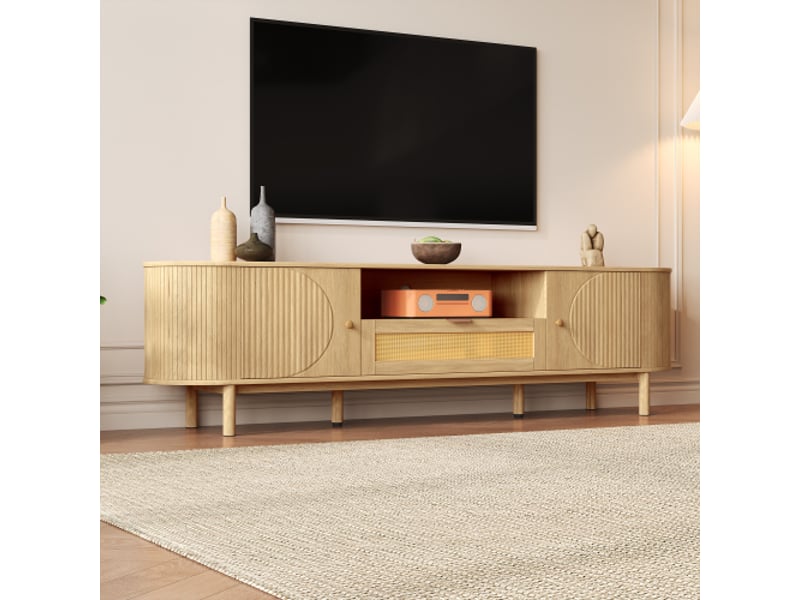  Meuble tv moderne en rotin avec tiroirs, étagères ouvertes et plateau arrondi – pieds métal-bois, salon multifonction  - Conforama B