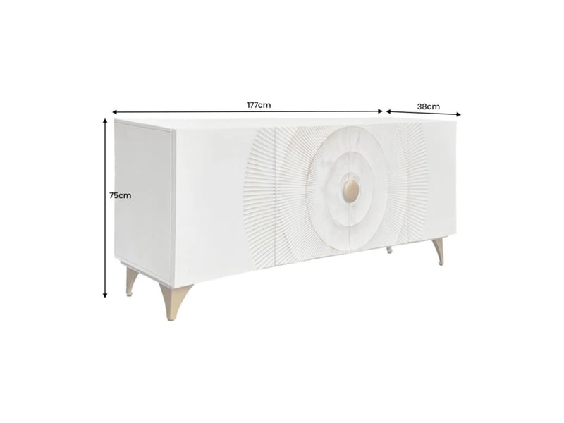Buffet solaris 177 cm blanc et doré – 4 portes sculptées motif solaire en bois de manguier - Conforama C