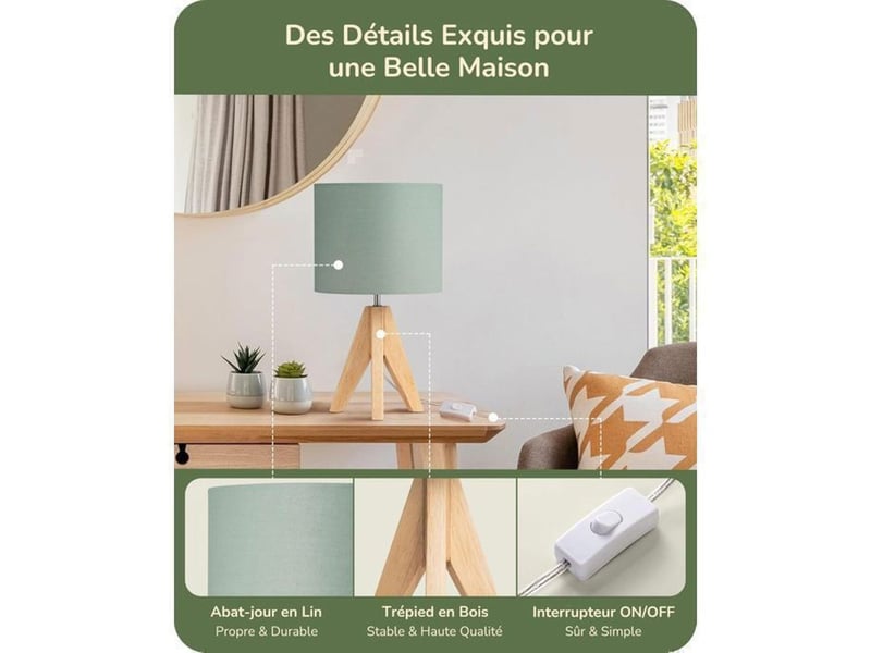  Lampe table trépied bois kaki vert abat-jour lin e27 2700k 370618_AABJN35670_6_DROPFR - Conforama B