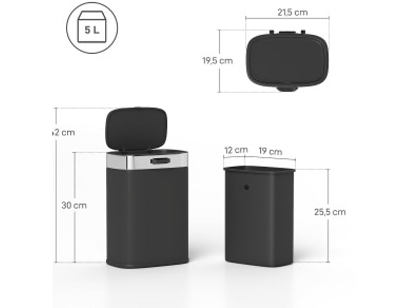  Poubelle de cuisine 21,5x19,5x30 cm couvercle à maintien ouvert métal noir  - Conforama D