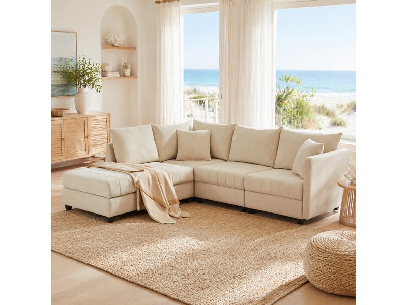 Canapé d’angle modulable 5 places beige avec pouf mobile en tissu aspect lin - Conforama C
