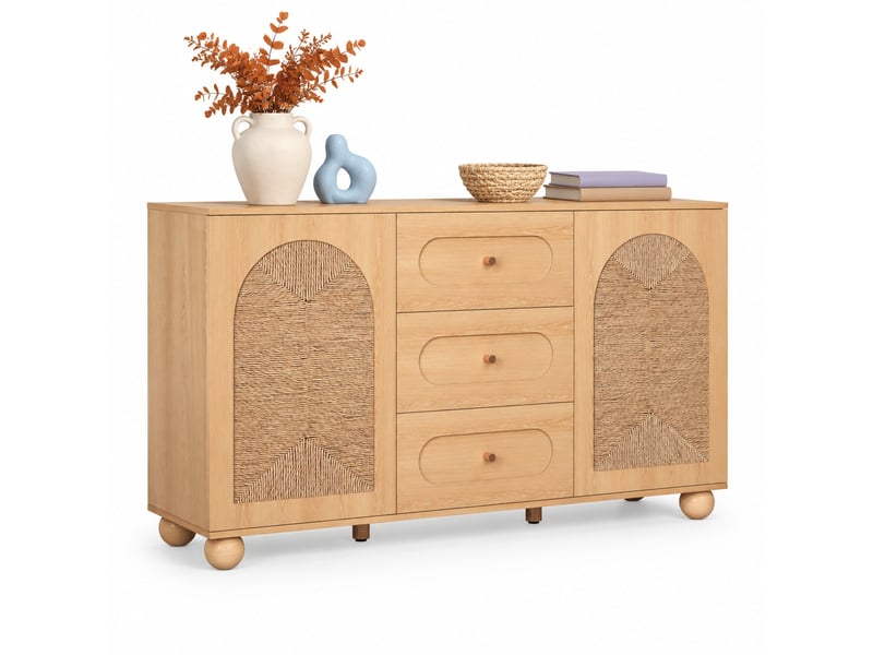 Buffet, avec 2 portes en cannage et 3 tiroirs, étagères intérieures, pour salon et salle à manger, mdf, naturel - Conforama A