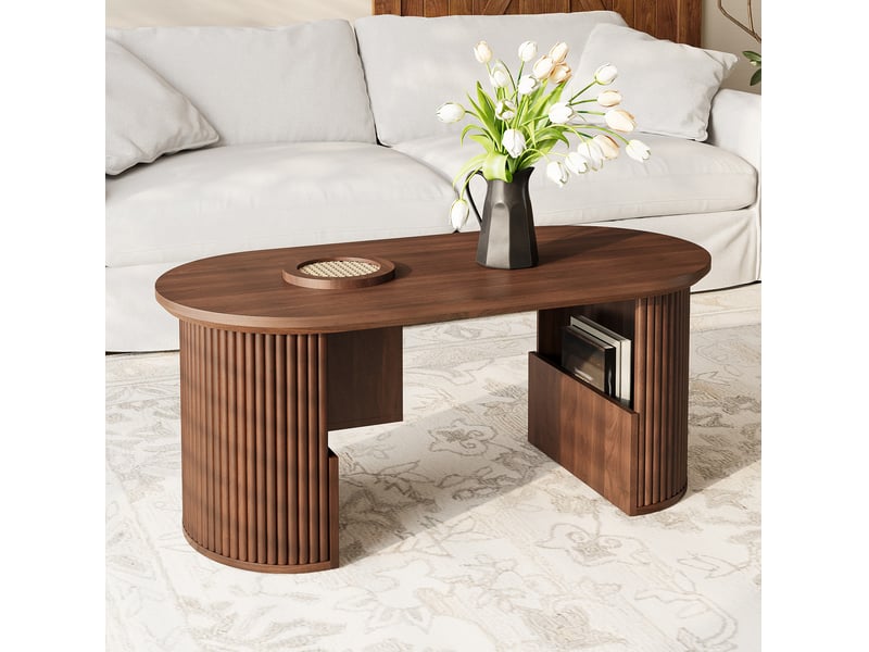 Table basse ovale 105x50x46,5 cm en mdf coloris noyer avec rangements - Conforama E