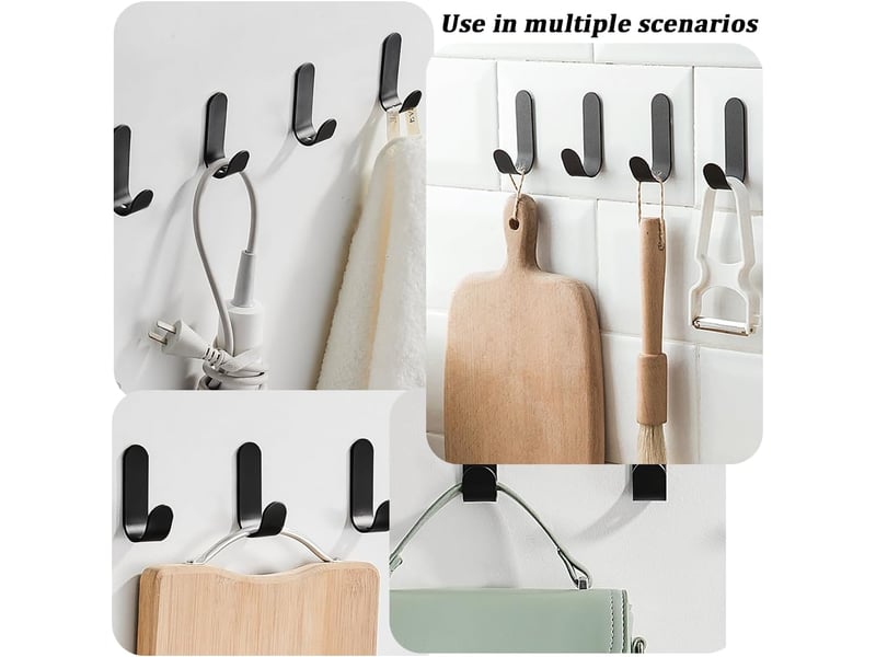 Lot de 4 crochets adhésifs en acier inoxydable noirs - muraux sans perçage - de rangement pour la salle de bains et la cuisine  - Conforama D