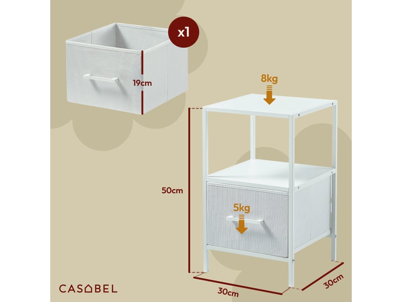  Casabel table de chevet blanche avec tiroir en tissu rigide, métal et bois, table d’appoint pour chambre ou canapé  - Conforama B
