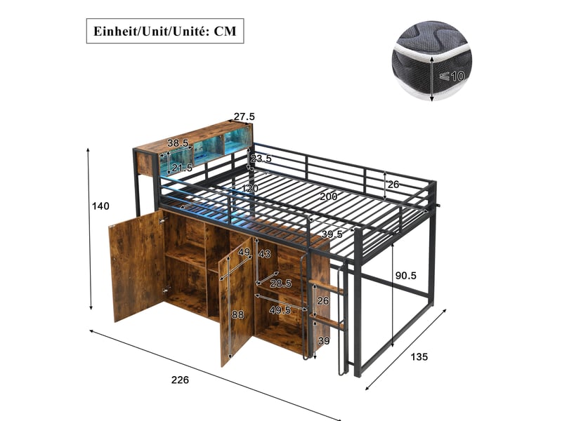 Lit mezzanine 120x200 cm, armoire, niches, led, prise, échelle, métal et mdf, noir et décor bois, sans matelas - Conforama C