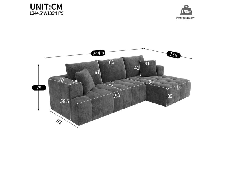 Canapé d'angle en forme de l ,3 places,tissu chenille confortable,244x136x79,gris - Conforama C