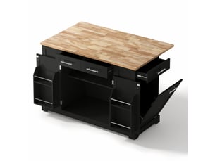 Îlot de cuisine - 138x86x92 cm noir et bois - plateau rabattable, prises eu, roulettes silencieuses et rangement déchets