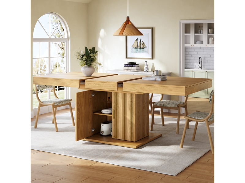  Table à manger rectangulaire extensible 140-180 x 90 cm avec rangement intégré, portes cannelées, étagère amovible, effet chêne clair moderne  - Conforama C