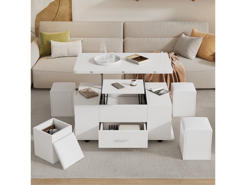  Table basse relevable blanche, transformable en table à manger 100x100 cm, avec 4 poufs et roulettes  - Conforama C