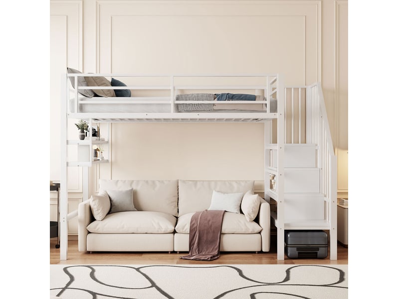  Lit mezzanine enfant 90x200 cm, échelle, rangement, rangements, garde-corps de protection, métal et mdf, blanc sans matelas  - Conforama D