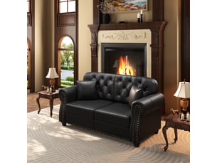 Canapé chesterfield 2 places en simili cuir noir, 160 cm