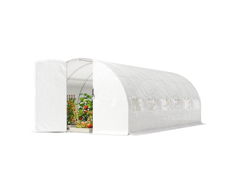  Serre tunnel de jardin 18m², serre de jardin tunnel avec porte et 12 fenêtres avec moustiquaires, 295x597x200cm, blanc  - Conforama B