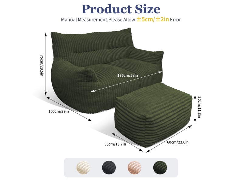  Fauteuil pouf avec ottoman 135x100x75 cm vert cravdom  - Conforama D