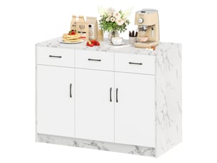 Îlot de cuisine 120x60x90,5 cm avec bar intégré, 3 tiroirs silencieux et 3 portes, plan mdf motif marbre, blanc