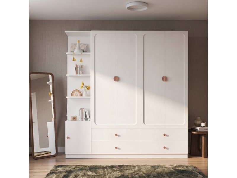  Armoire 5 portes blanche 225 cm avec 3 tringles, 4 tiroirs et rangement ouvert, idéale pour chambre ou bureau  - Conforama E