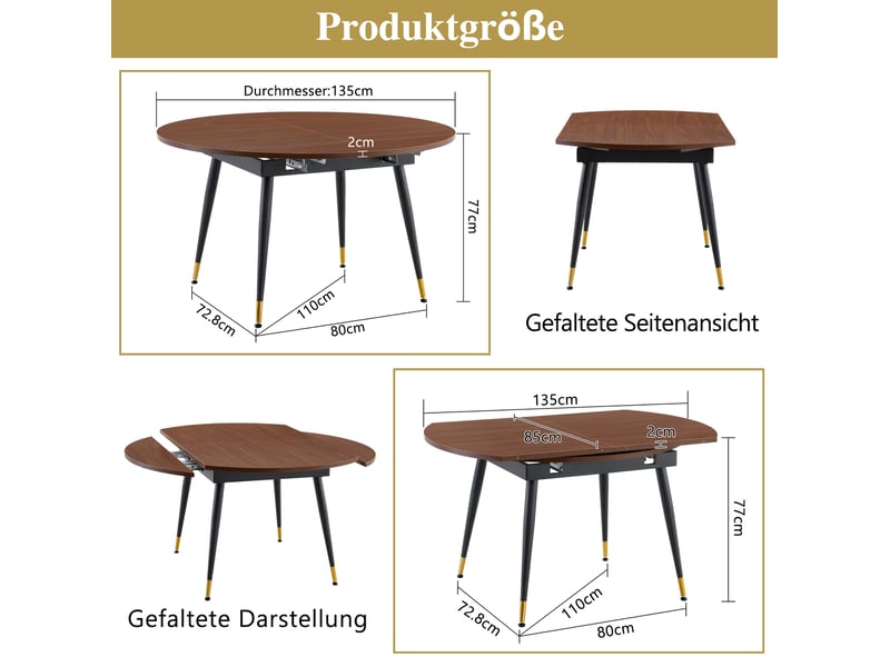  Table à manger extensible ronde à ovale noyer, plateau mdf, pieds métal avec accents dorés, 6 à 8 places  - Conforama C