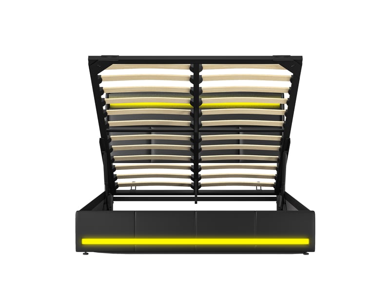  Lit double coffre - 160 x 200 cm-noir - en similicuir pu, avec tête de lit à étagères, double éclairage led et vérins hydrauliques  - Conforama A