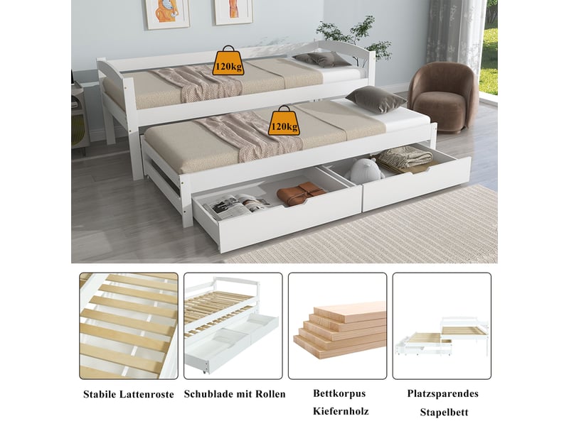  Lit banquette 90x200 cm avec lit gigogne 90x190 cm-tiroirs de rangement en mdf-structure en pin massif-blanc  - Conforama D