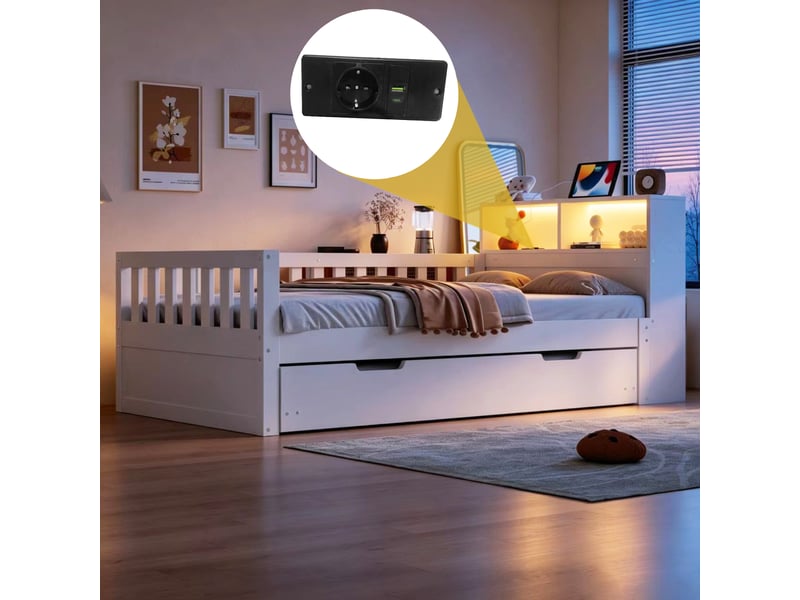  Lit gigogne avec rangement 90x200cm led usb et barrières sécurité - bois - blanc CozyNest - Conforama D