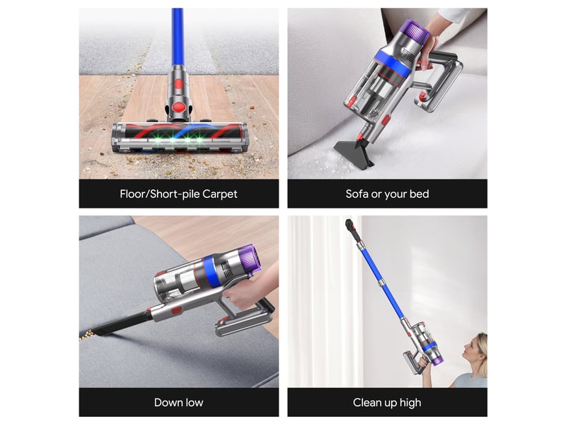  Aspirateur sans fil,écran tactile, 48 kpa 600 w, 4 modes de puissance d'aspiration,convient aux tapis à poils d'animaux et aux sols en bois dur,bleu  - Conforama D