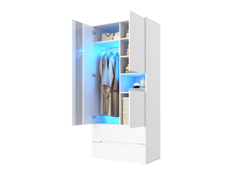 Armoire 3 portes blanche avec led, 1 tringle, 6 compartiments et 2 tiroirs, pour chambre et bureau - Conforama A