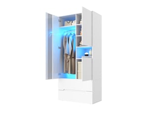 Armoire 3 portes blanche avec led, 1 tringle, 6 compartiments et 2 tiroirs, pour chambre et bureau