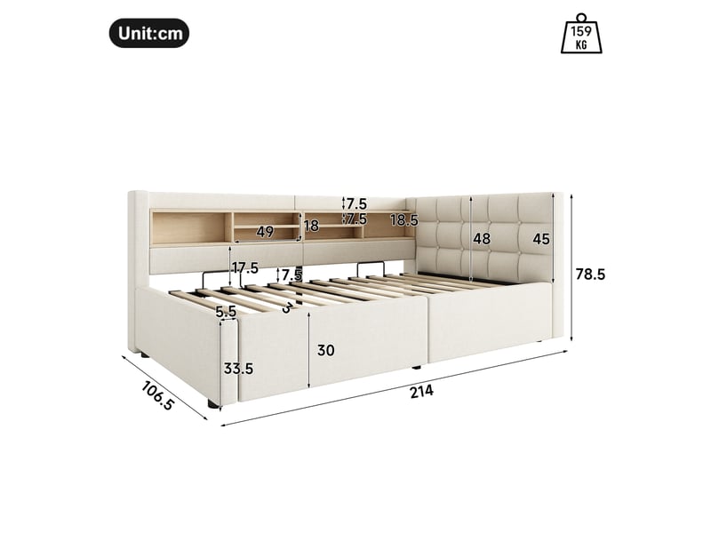  Lit coffre hydraulique 90x200 cm avec led dimmable, étagères, usb et tête réversible, tissu lin beige, sans matelas  - Conforama C