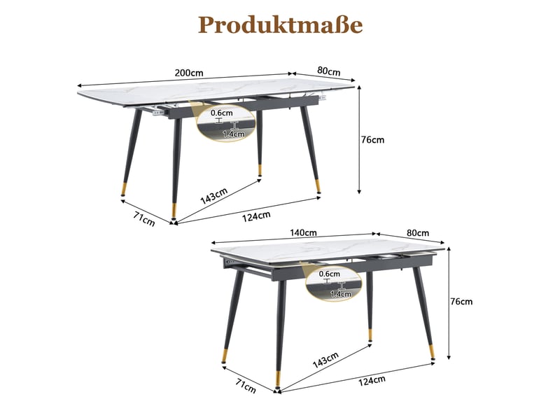 Table de salle à manger extensible en pierre frittée avec plateau effet marbre, structure en métal noir et pieds dorés - Conforama E