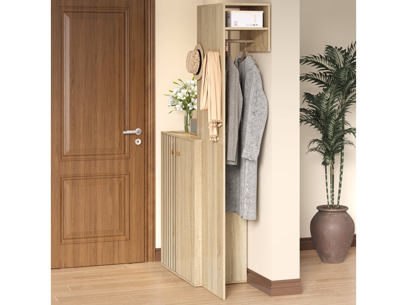  Vestiaire d'entrée 115 x 38,5 x 191,5 cm, patères, étagères réglables, rangement haut, portes rainurées, mdf naturel ABC - Conforama E