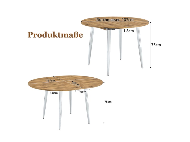 Table de salle à manger extensible ovale avec plateau arrondi et pieds métalliques antidérapants, 137 × 107 × 75 cm - Conforama E