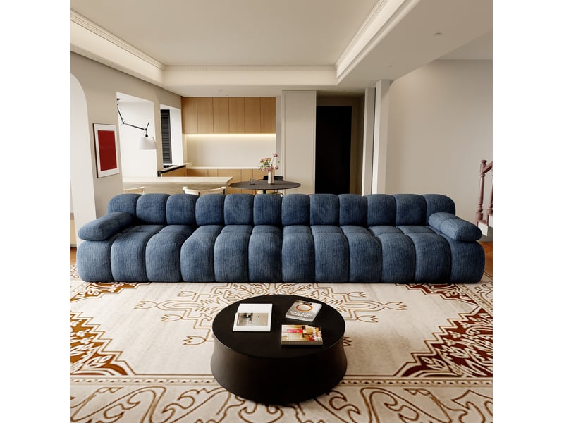 Canapé droit fixe 4 places en tissu bleu 400 cm, rembourrage en mousse et confort pour grand salon familial - Conforama E
