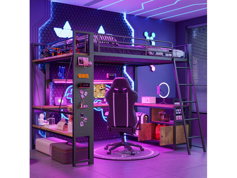  Lit mezzanine 140 x 200 cm avec bureau, rangements, led et usb, noir, métal mdf  - Conforama B