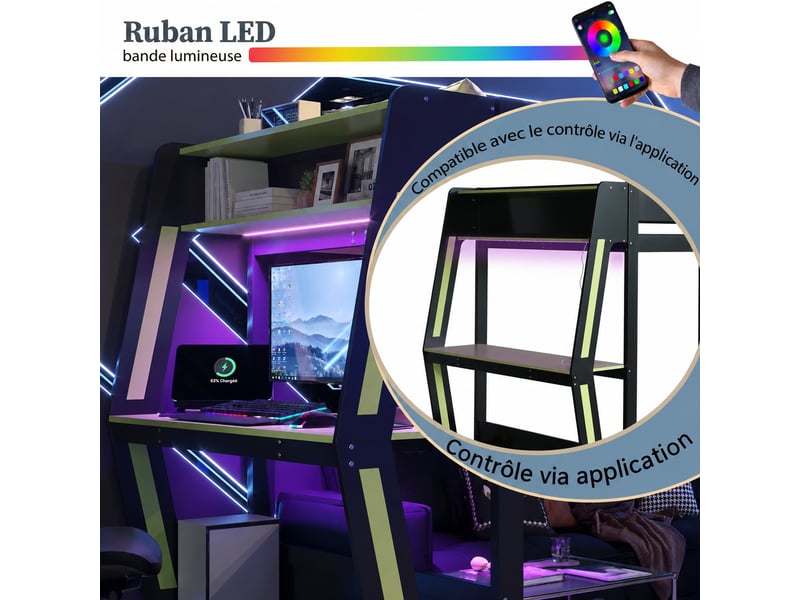 Lit mezzanine gaming 120 x 200 cm avec bureau, support pc, rangements, espace inférieur libre et éclairage led, noir et vert - Conforama D