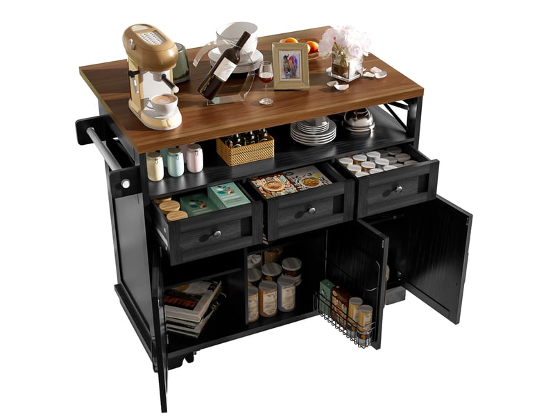  Îlot de cuisine noir avec plateau rabattable, chariot de cuisine à roulettes en mdf et métal, 3 tiroirs et porte-serviettes (118x43x98cm)  - Conforama A
