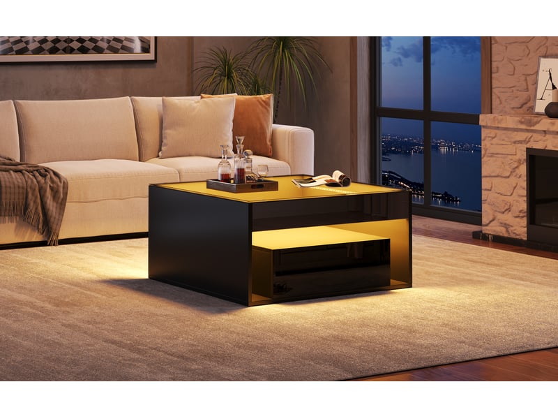  Table basse 70x70x35 cm avec plateau en verre trempé et led intégrée, 2 tiroirs laqués, corps en mdf, noir  - Conforama B
