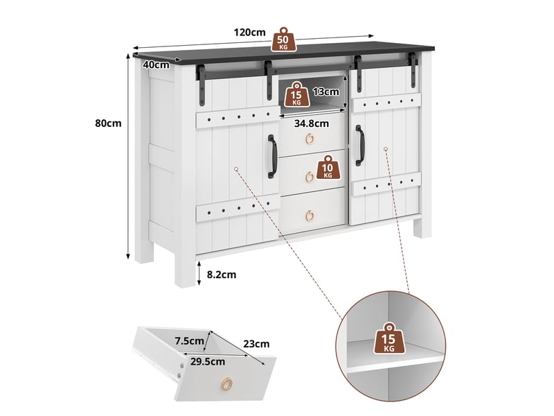  Buffet 120x40x80 cm – 2 portes coulissantes et 3 tiroirs – blanc  - Conforama C
