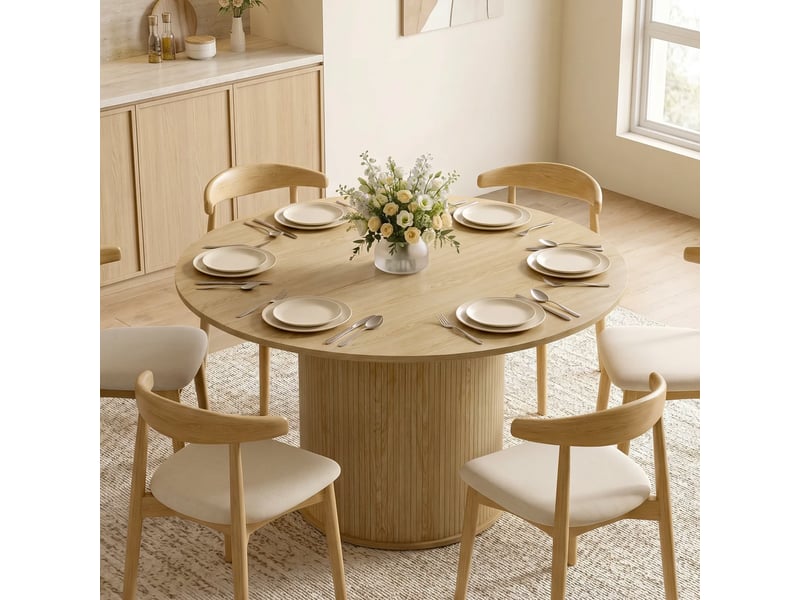  Table à manger ronde pour 4-6 personnes,  120 x 75 cm, bois naturel, table de cuisine avec base cylindrique cannelée  - Conforama D